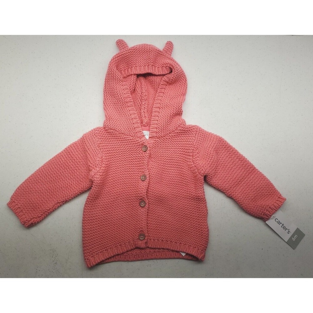 Carter's Girls' Coral Pink Hooded Knit Sweater w/Bear Ears Size 6m NEW!